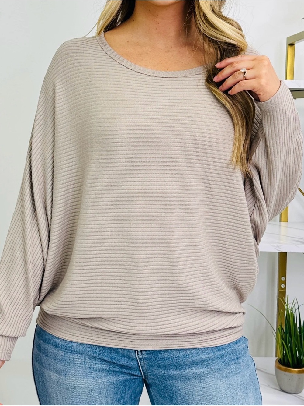 Zenana Light Taupe Ribbed Crew Neck Top